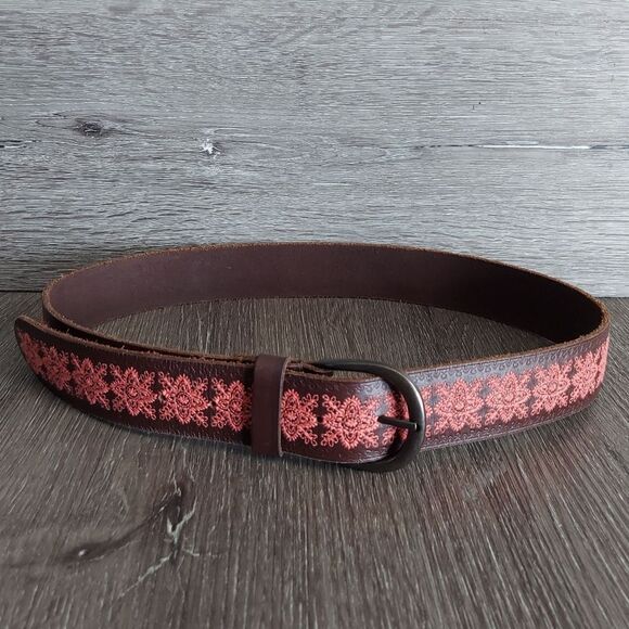 Lucky Brand Bohemian Brown Leather Embroidered Belt with Stamped Edging Small - Picture 1 of 6